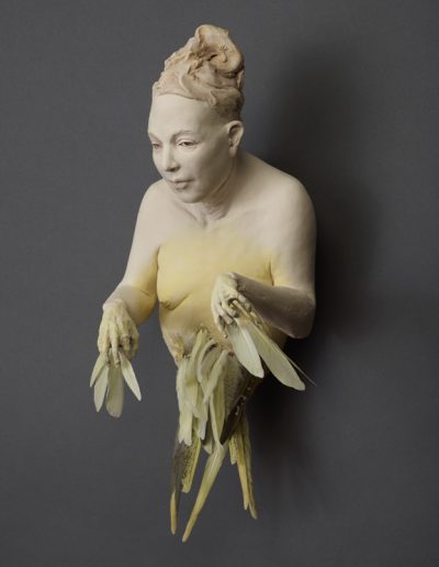 Yellow Bird Lady   20x11x9 - Susannah Zucker Contemporary Ceramic Clay Sculpture Art