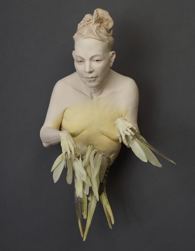 Yellow Bird Lady   20x11x9 - Susannah Zucker Contemporary Ceramic Clay Sculpture Art